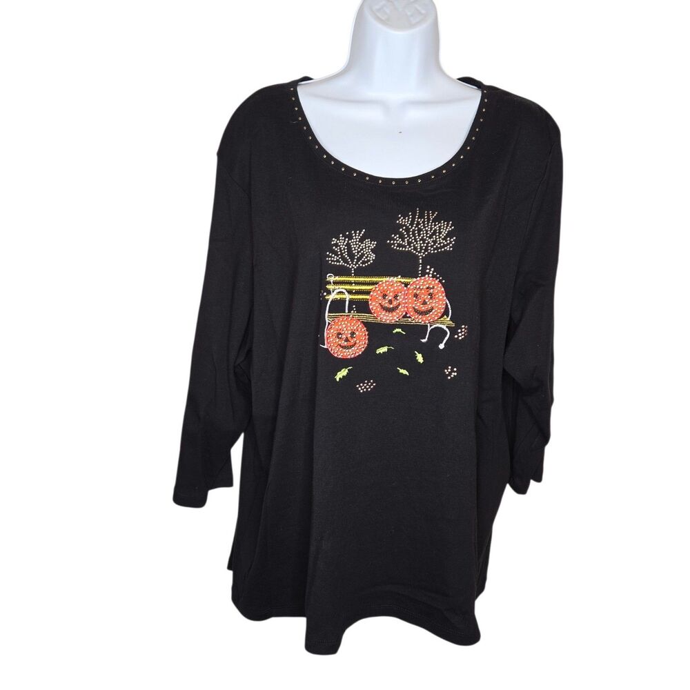 Onque Woman 2X Halloween Pumpkin Wagon Studded Embellished 3/4 Sleeve Top